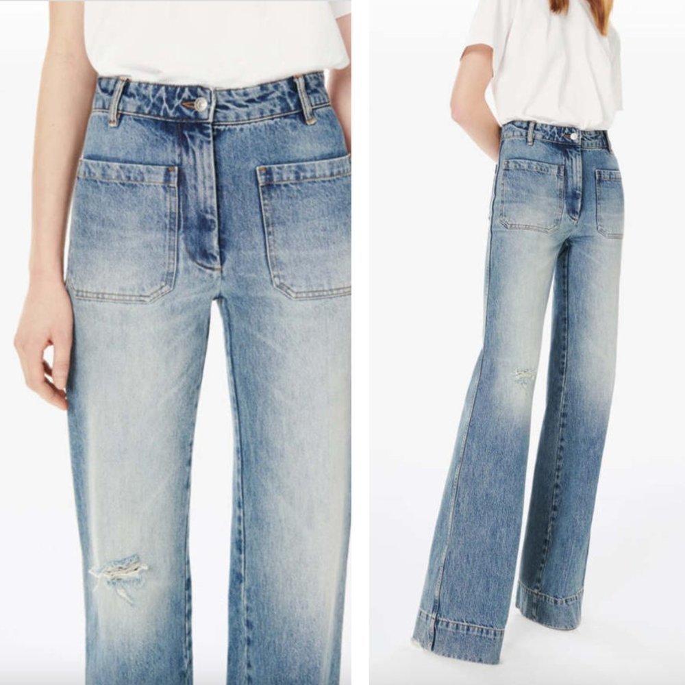 Victoria Beckham Alina High Waist Wide Leg Jeans Worn Blue Wash Distressed Denim - Picture 2 of 11